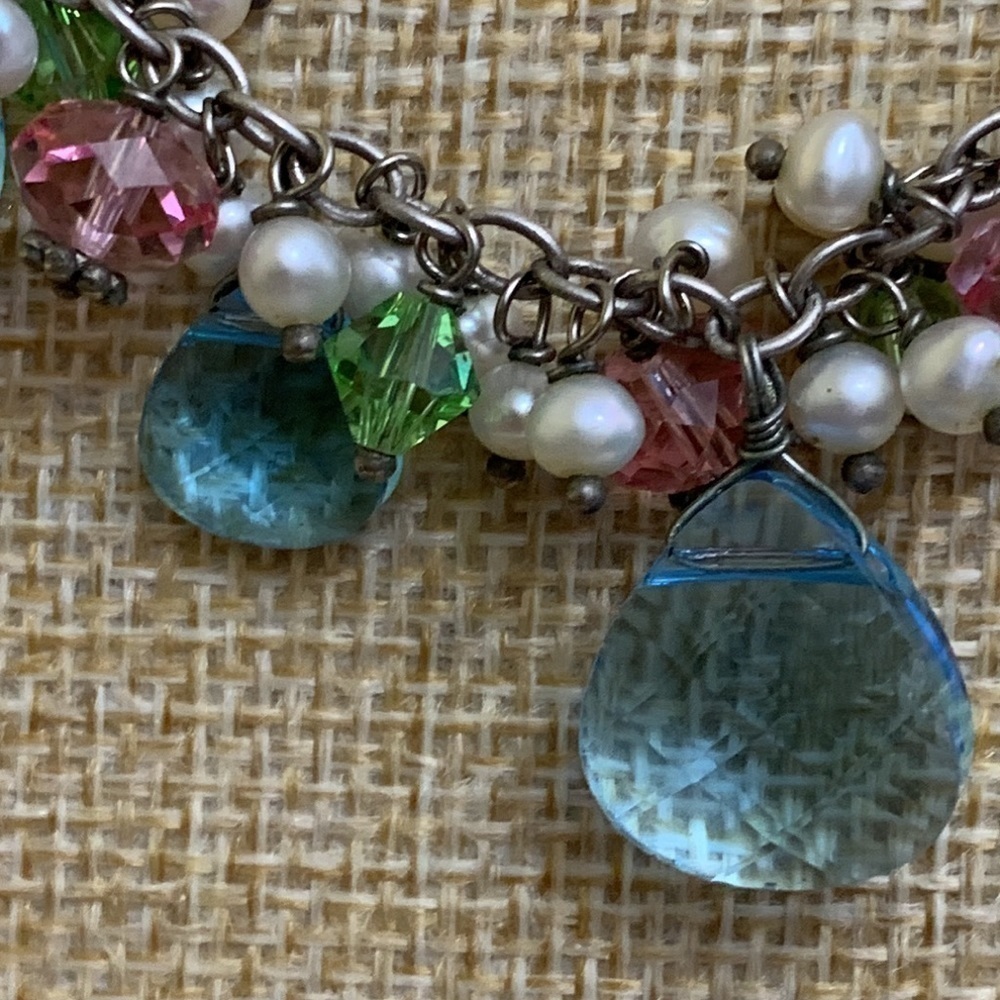 Silver Swarovski Faceted Crystal Faux Pearl Beaded 925 Statement Necklace - Picture 6 of 16